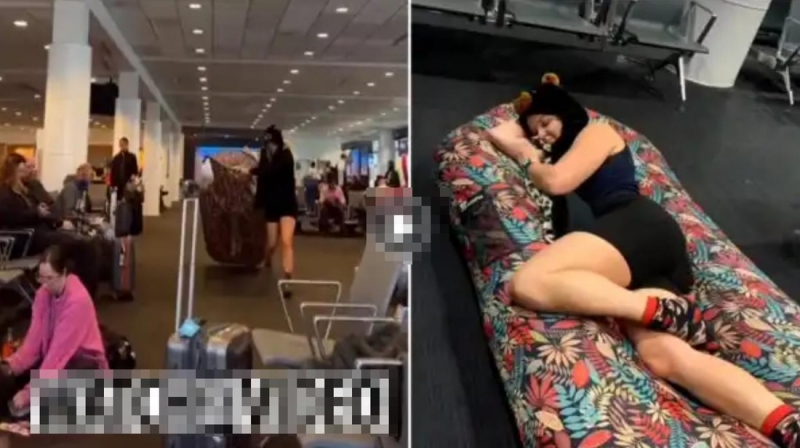 Туристка в аэропорту установила надувную кровать и улеглась спать, вызвав возмущение